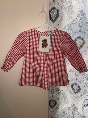 Red Gingham Smocked Long-Sleeve Kids Top with Embroidered Motif